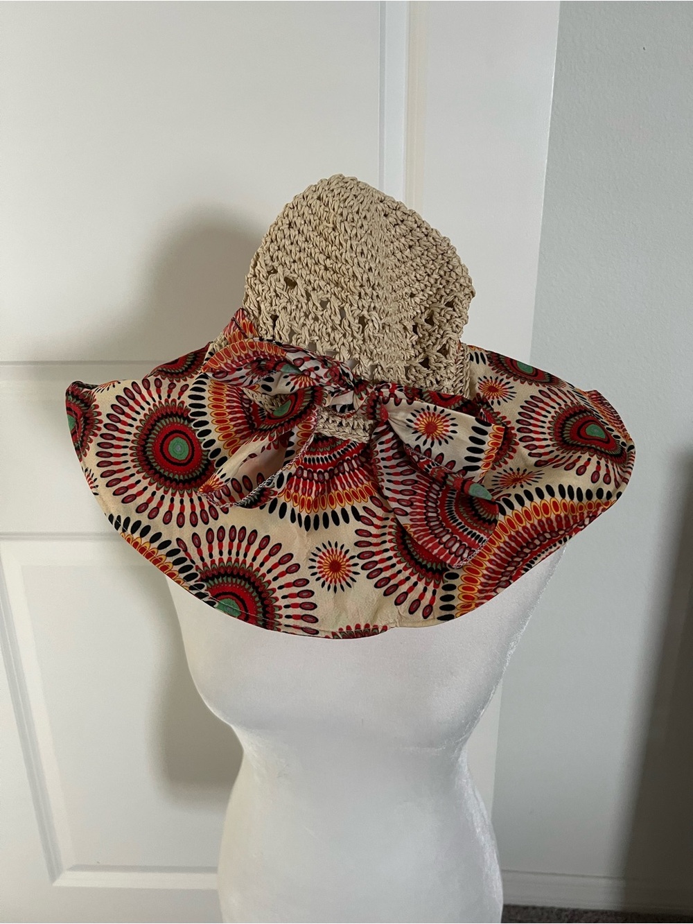 Wide Brim Straw Sun Hat with Red Patterned Scarf